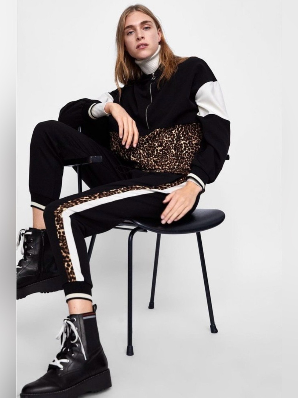 Zara Black & White Sweatshirt with Leopard Panel
